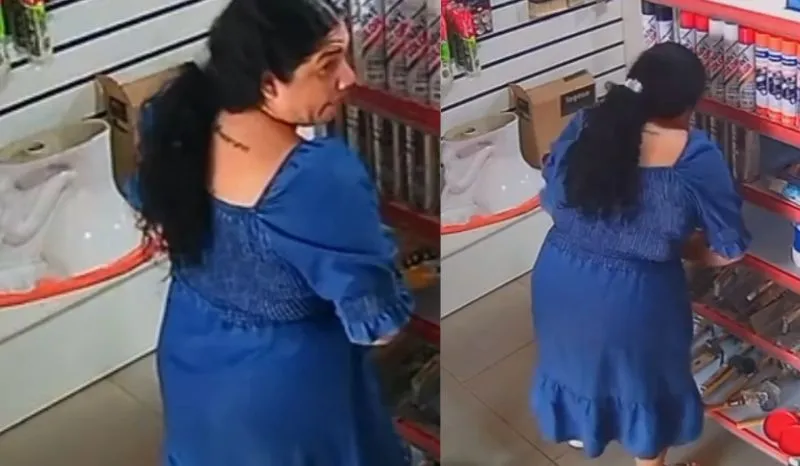 Mulher é flagrada escondendo rolo de cabo flexível entre as pernas durante furto