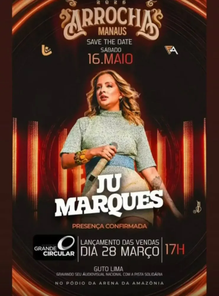 Arrocha Manaus 2026: Ju Marques faz show gratuito no Shopping Grande Circular neste sábado (28)