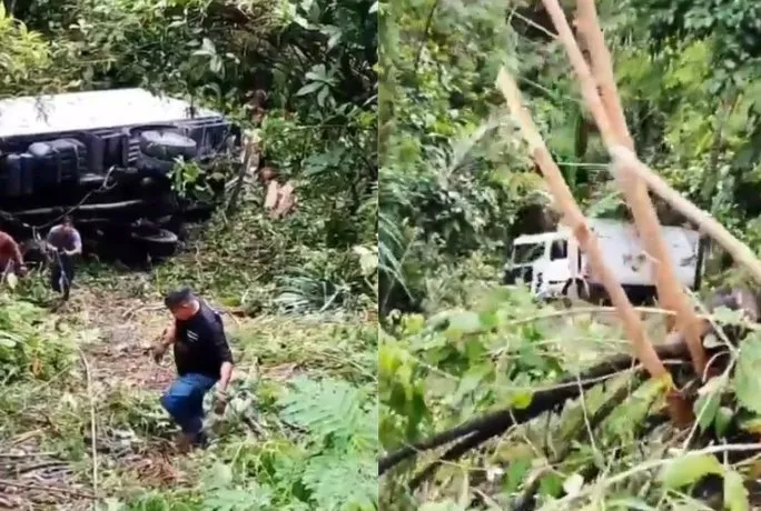Caminhão desce sozinho e cai em área de mata na zona leste de Manaus