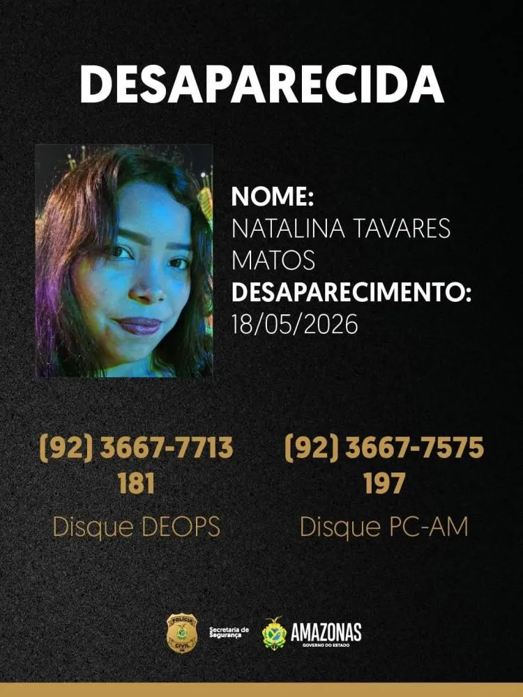 Polícia Civil divulga imagem de jovem desaparecida no bairro Mauazinho, em Manaus