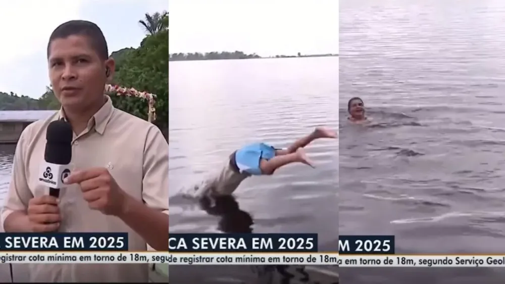Repórter da Rede Amazônica mergulha ao vivo durante cobertura da seca e viraliza
